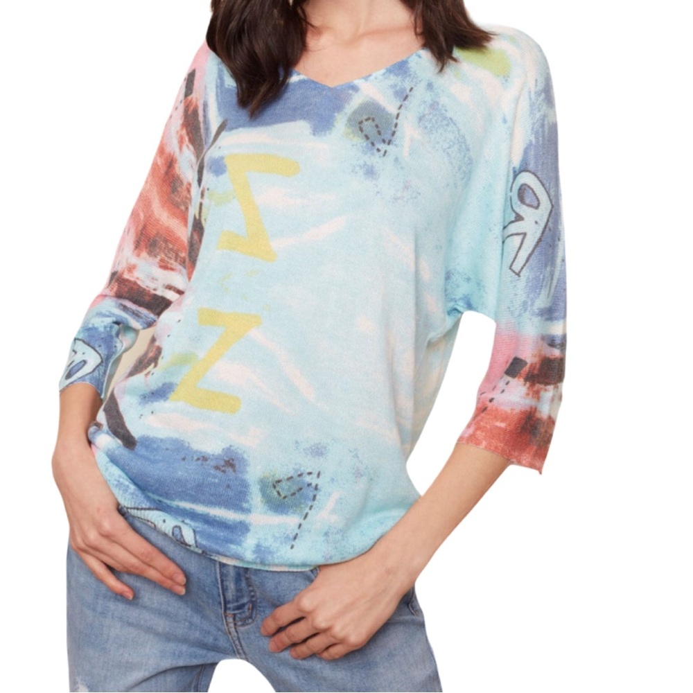 CHARLIE B Multicolor Abstract Print 3/4 Sleeve Lightweight Sweater